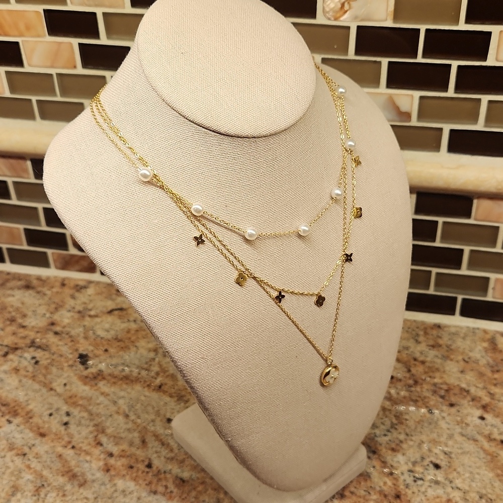 18K Gold Plated Layered Clover & Faux Pearl Station Necklace - Picture 5 of 10